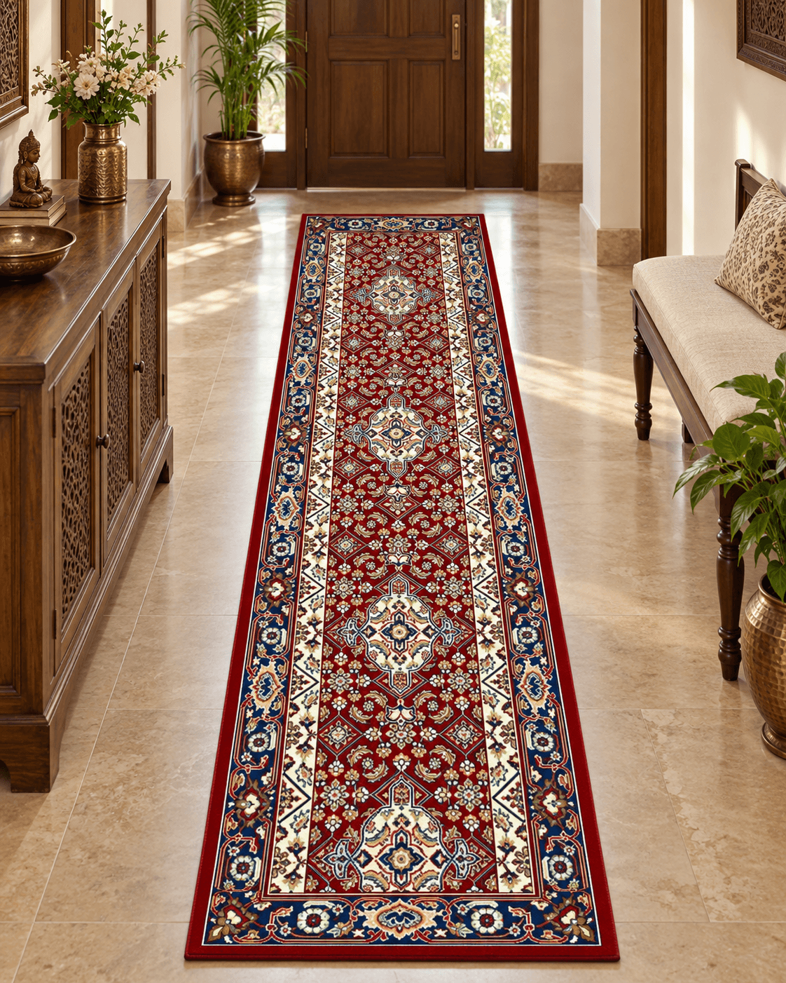 2x5 ft Heritage Floral Runner Carpet styled in an entryway