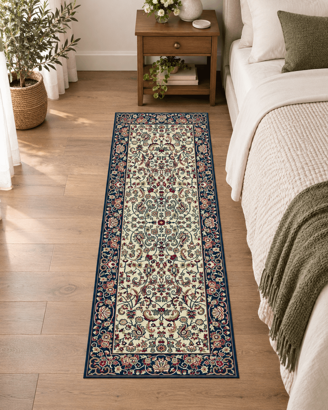 2x5 ft Royal Corridor Heatset Carpet styled beside a bed