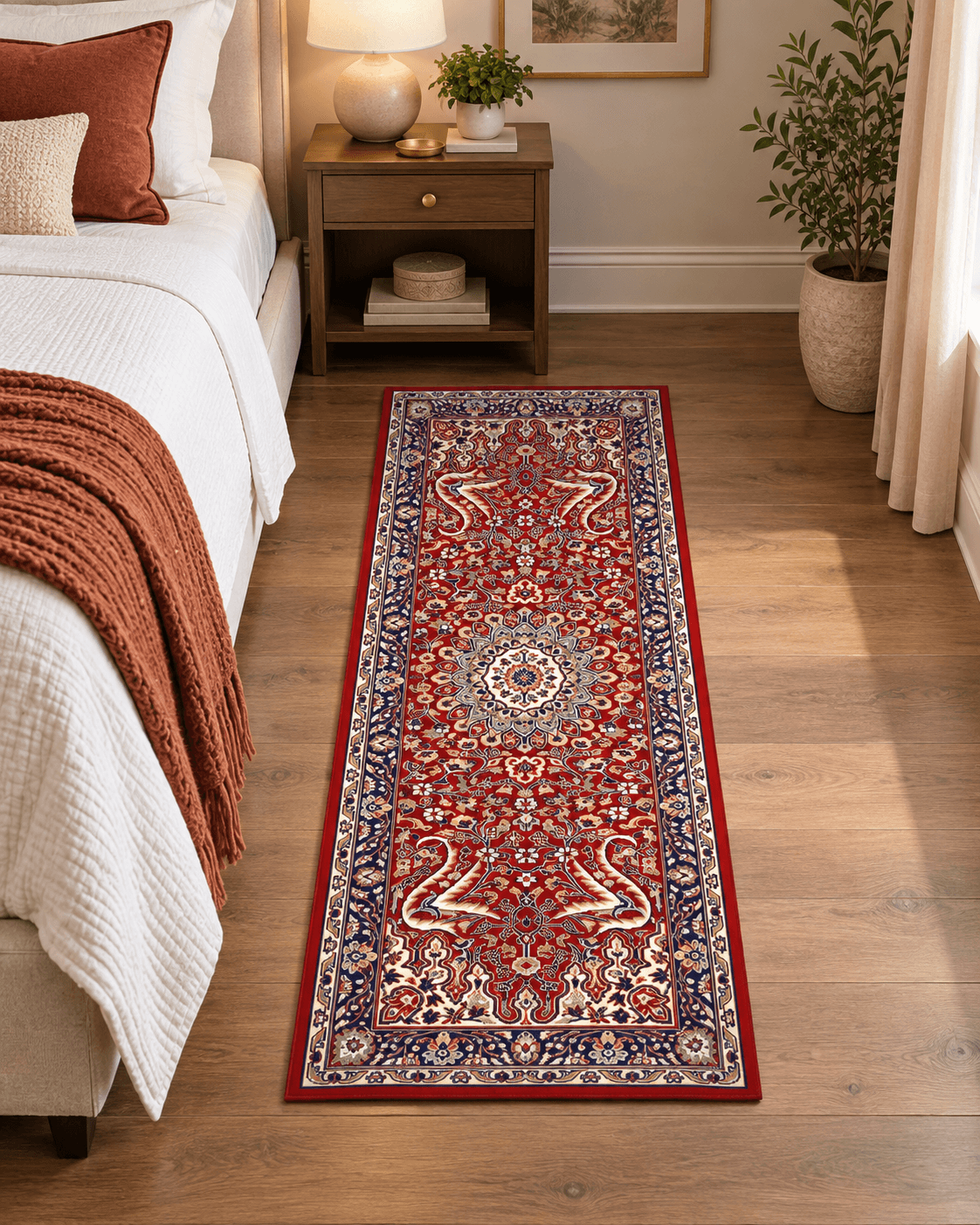 2x5 ft Traditional Vine Runner Carpet styled beside a bed