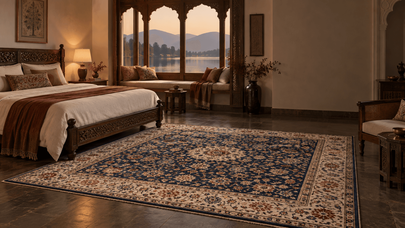 Navy and cream traditional carpet in a heritage bedroom