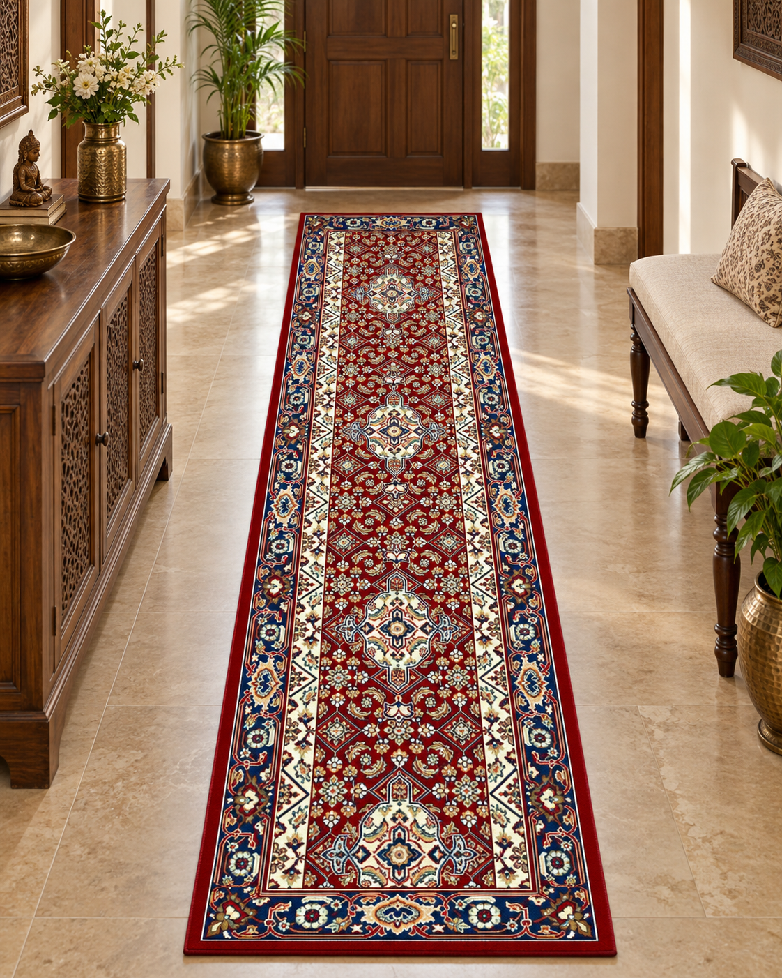 2x5 ft Heritage Floral Runner Carpet styled in an entryway
